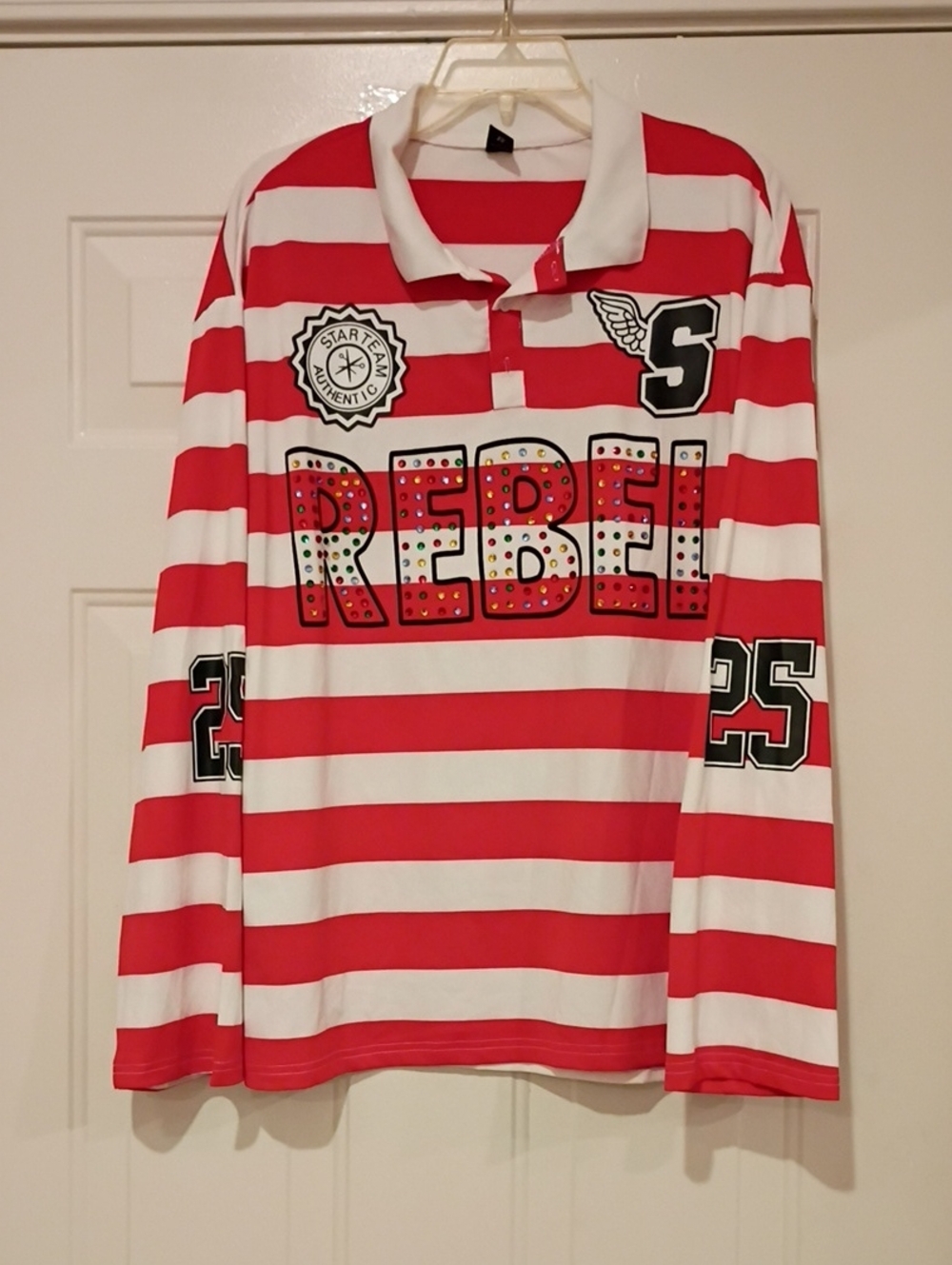 Red & White Stripe 'REBEL' Long Sleeve Polo Top